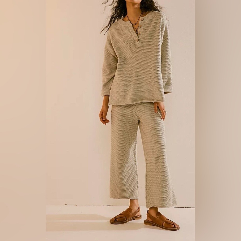 Free People Hailee Sweater Set | Waffle Knit Lounge Set | Neutral Taupe
